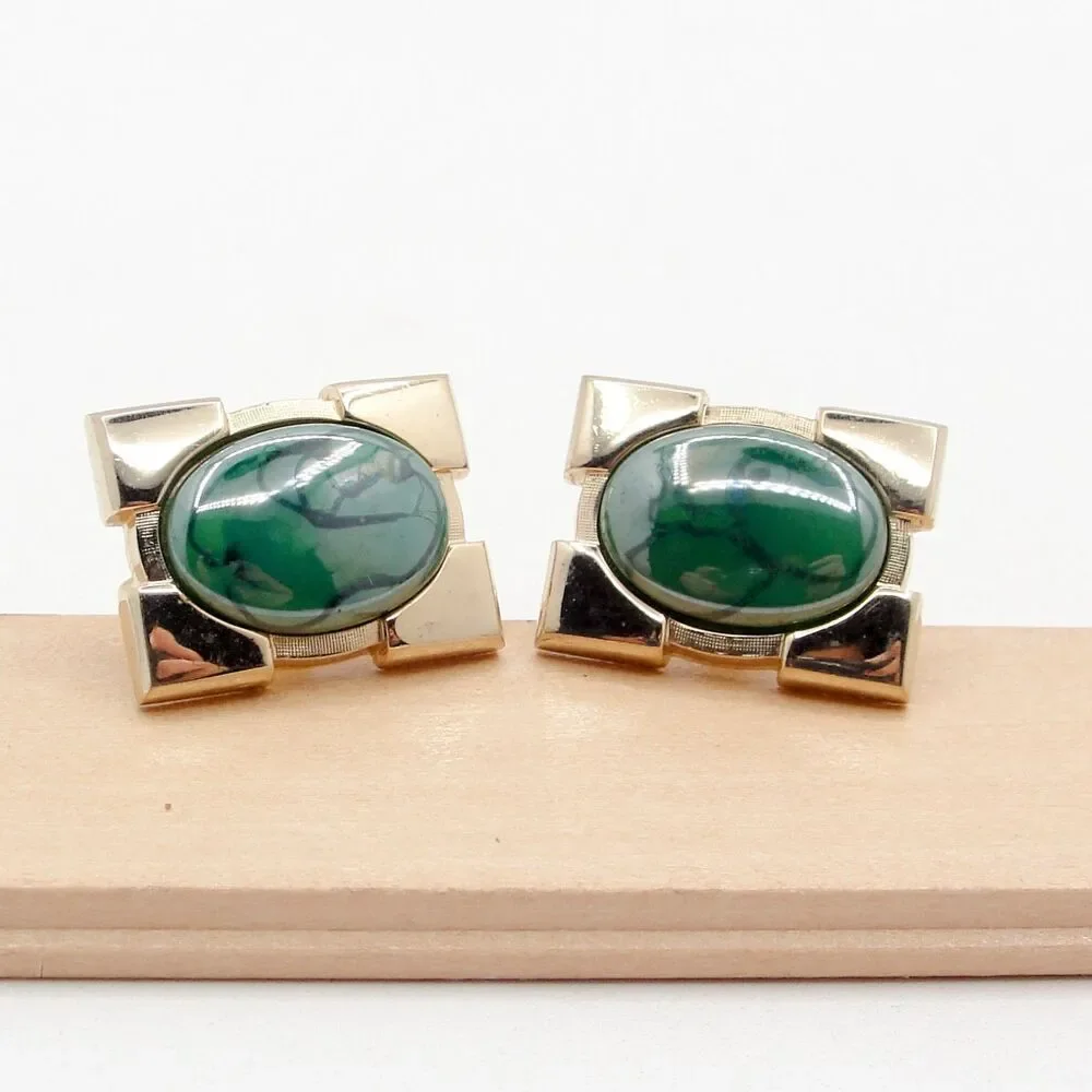 Vintage Hickok Cufflinks Gold Tone Green Slag Marbled Cabochon MCM Groom Formal